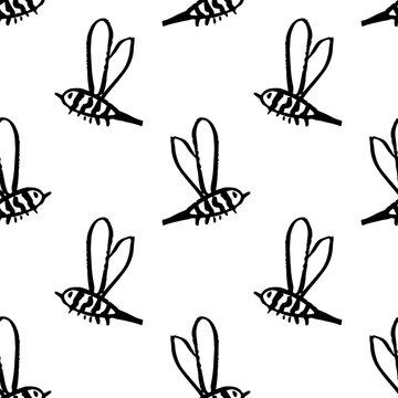 Seamless pattern with hand drawn happy funny cute honey bee Adorable flying striped insect friendly kawaii bumble bee For kids print, wrapping paper, packaging, fabric