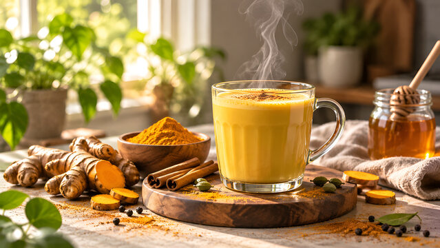Steaming turmeric golden milk latte in glass mug with fresh ginger cinnamon and honey for holistic wellness and healthy immune support