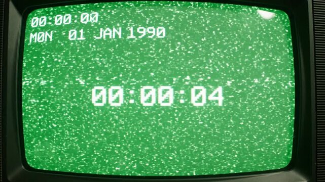 Vintage Retro Television Set Displaying Green Screen With Static Noise and Digital Time Stamp