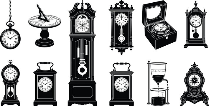 Black Silhouettes of Historical Timekeeping Devices and Clocks for Vintage Design