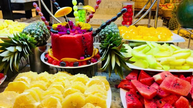 Horizontal 4K video of luxury posh sliced watermelon, melon, orange and pineapple fruit platters on an exclusive high-end hotel buffet line in Sharm El Sheikh resort. Premium exotic food clip.
