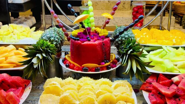 Horizontal 4K video of luxury posh sliced watermelon, melon, orange and pineapple fruit platters on an exclusive high-end hotel buffet line in Sharm El Sheikh resort. Premium exotic food clip.

