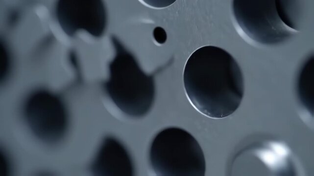 Close-up of industrial metal parts with hexagonal shapes and circular holes.