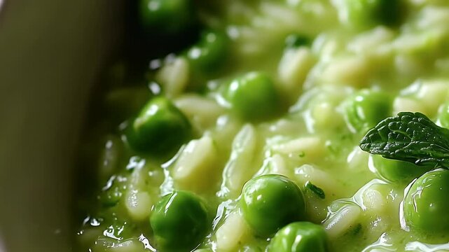 Glossy pea risotto with mint, a vibrant, verdant, creamy dish close-up