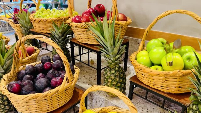 Horizontal video footage of fresh figs, organic plums and ripe pineapples in baskets at a luxury hotel buffet line in Sharm El Sheikh resort. Exotic fruit abundance, premium food marketplace clip.
