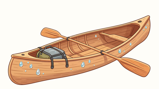 Illustration of a wooden canoe with backpack and paddle, water droplets, outdoor adventure scene