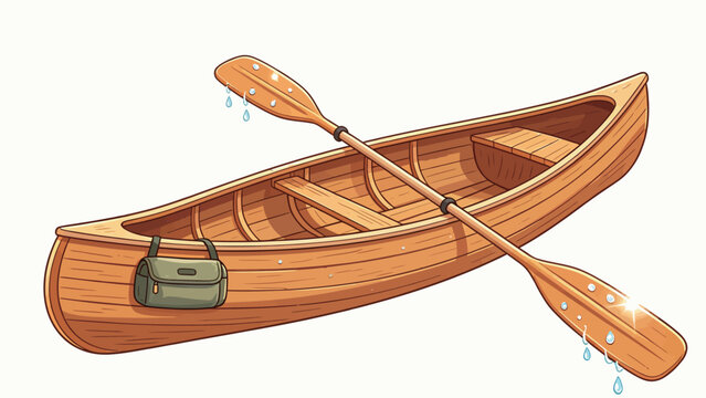 Cartoon Wooden Canoe with Oar and Bag: Detailed Illustration of a Vibrant Canoe Design