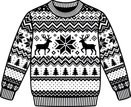 Black and white ugly Christmas sweater design featuring traditional reindeer silhouette Nordic star and pine tree patterns vector