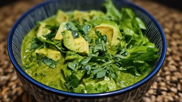 Close-up of chunky avocado soup with fresh herbs in dark blue bowl