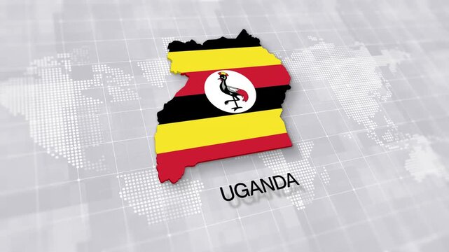 Uganda map with national flag on minimal digital world map background, global political, geographic border for international news concept with white background