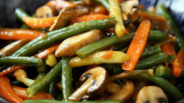 Close-up of glazed carrots, mushrooms, and green beans