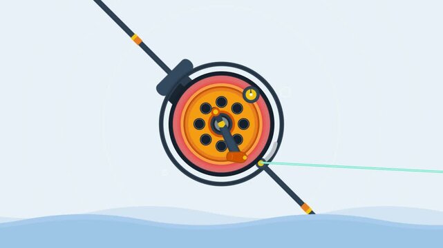 Animated fishing reel spinning with line extending over water