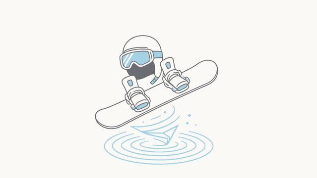 Stylized snowboarder in white gear performing a trick above a glowing paper airplane on ripples, minimal
