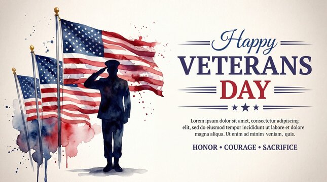 Watercolor veterans day greeting card with saluting soldier and flag