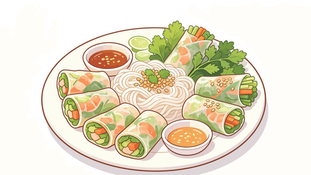 Colorful Illustration of Vietnamese Fresh Spring Rolls with Vermicelli Noodles, Peanuts, and Dipping Sauces