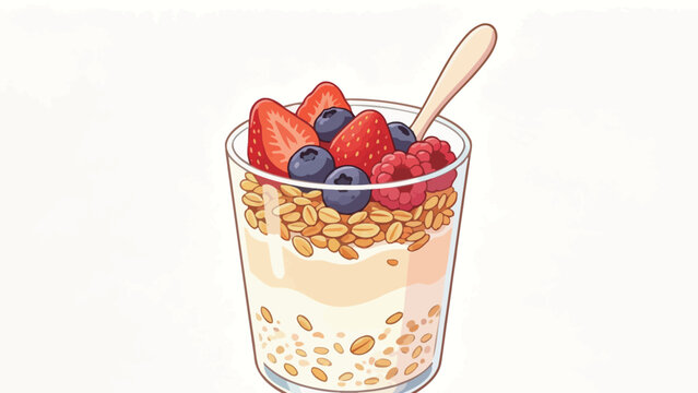 Vibrant Illustration of a Glass Yogurt Parfait Topped with Fresh Berries and Oats