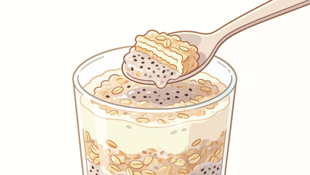 Spoon lifting creamy overnight oats with chia seeds and milk from a glass cup