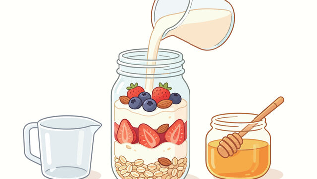 Illustration of Yogurt Parfait Being Poured Into Glass Jar With Berries And Honey, Flat Design Style