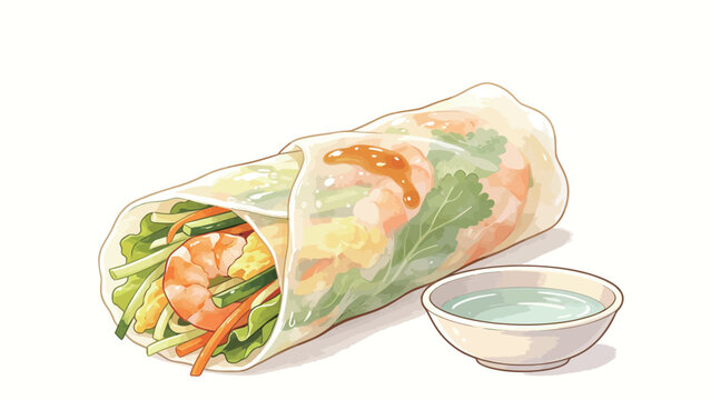 Artistic Watercolor Illustration of Fresh Summer Rolls with Shrimp and Vegetables