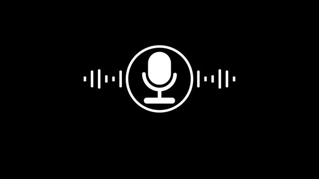 Microphone icon with sound wave visualization on black background, voice assistant and sound wave animation, AI voice recording podcast microphone button icon animation, audio microphone icon