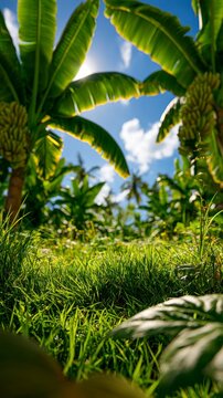 Tropical banana palm canopy rising above lush green grass under a sunlit blue sky in a low-angle shot for agricultural and travel marketing