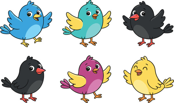 Cute cartoon birds collection set including colorful flying and singing little avian characters isolated on white background vector
