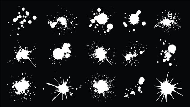 White ink splatters and liquid paint drops set vector illustration. Abstract grunge paint splatter spots, ink blotter stain collection isolated on black background for artistic texture design.