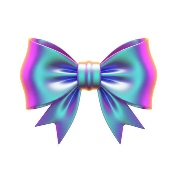 A vibrant, iridescent, holographic bow with a glossy finish and soft edges against a clean white background