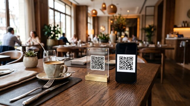 QR Code Stands for Contactless Digital Payment and Menu Access on a Wooden Table in a Modern Cafe