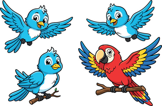 Cute cartoon bird character vector set with blue flying birds and a colorful red macaw parrot perched on a branch