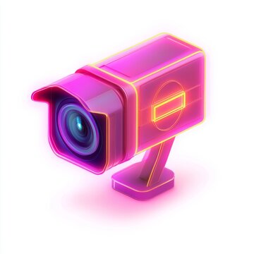 A vibrant pink isometric security camera with glowing yellow and orange trim details, featuring a prominent lens and a mounting stand against a white background.   