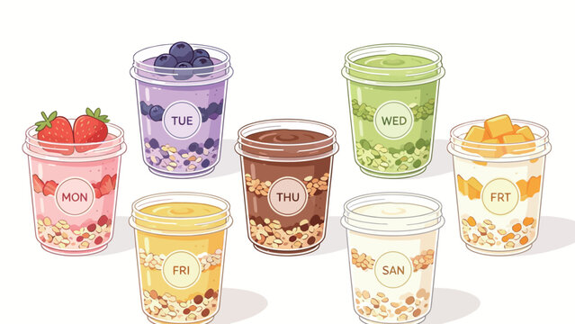 Illustrated Weekly Overnight Oats Jars: Colorful Strawberry, Blueberry, Matcha, Mango, Peanut & Yogurt