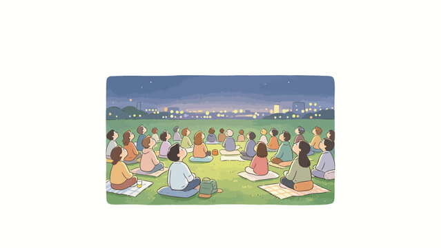 A Peaceful Night Gathering: Friends Sitting on Blankets in a Park Watching City Lights Under a Starry Sky.