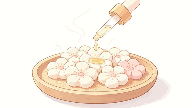 Warm Steaming Flower-Shaped Dumplings on Wooden Plate Being Drizzled with Golden Oil from Dropper