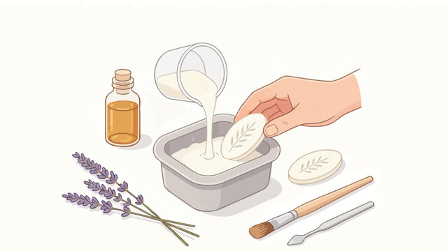 DIY Facial Mask Preparation: Lavender, Oil, and Creamy Liquid Being Poured with Cotton Pads and Tools