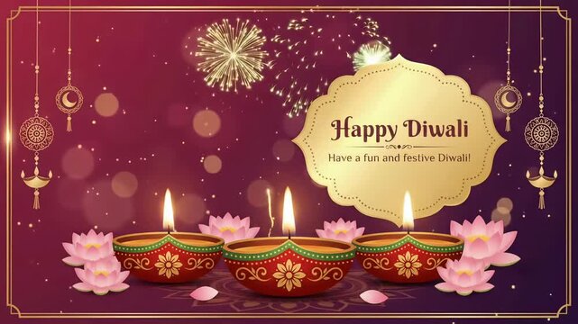 A golden Happy Diwali greeting anchors this festive motion graphic, framed by glowing diyas, pink lotus blossoms, and sparkling fireworks against a rich maroon video background.
