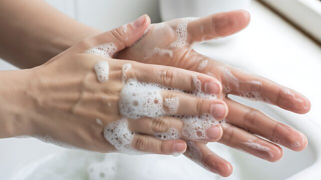 Person washing hands with soap and water for hygiene and health protection