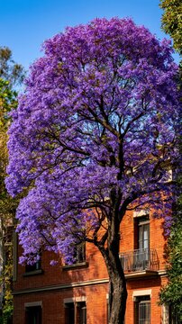 Jacaranda tree blooming with purple flowers against a red brick building under a clear blue sky for urban landscape and travel marketing
