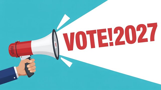 Vote 2027 election concept with megaphone and bold campaign message
