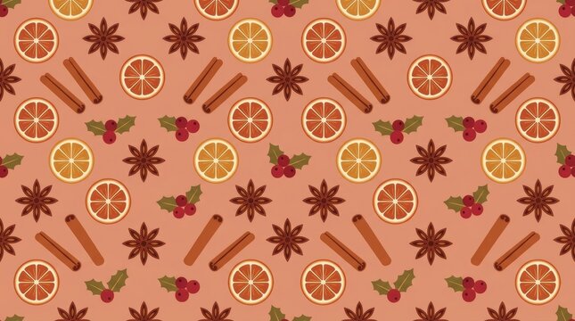 Rustic orange slice and winter spice holiday pattern