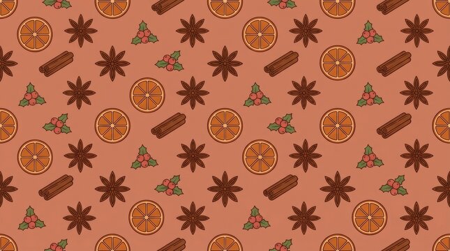 Warm holiday spice and citrus seamless pattern background