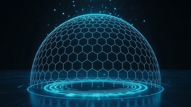 Futuristic digital dome with glowing honeycomb network representing cybersecurity protection