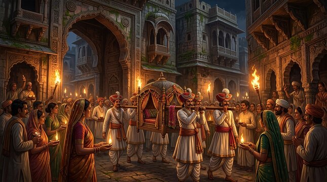 Traditional Indian festival night procession carrying decorated palanquin with torches and oil lamps in ancient stone courtyard