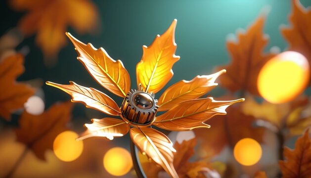 Mechanical autumn bloom with glowing leaves and metal core