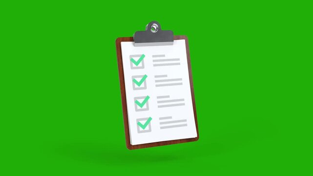 Animated checklist clipboard icon with checkmarks isolated on green screen chroma key background overlay
