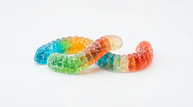 Gummy worm candies lie on a clean transparent surface with sparkling sugar coating.