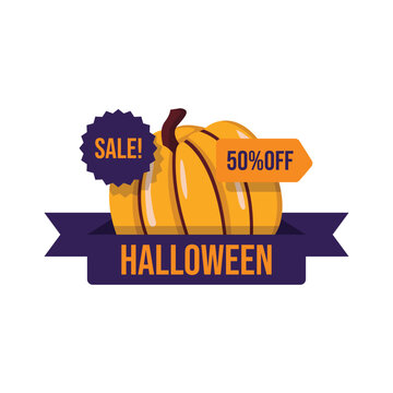 Halloween Sale 50 Percent Off Pumpkin Ribbon Badge Vector