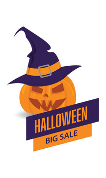Halloween Big Sale Pumpkin Wearing Witch Hat Banner Vector