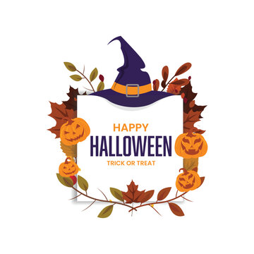Happy Halloween Autumn Leaves and Witch Hat Square Frame Template