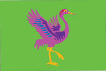 Fototapeta premium Vibrant illustration of a graceful purple crane with blue accents standing on one leg against a bright green background, showcasing elegance and natural beauty